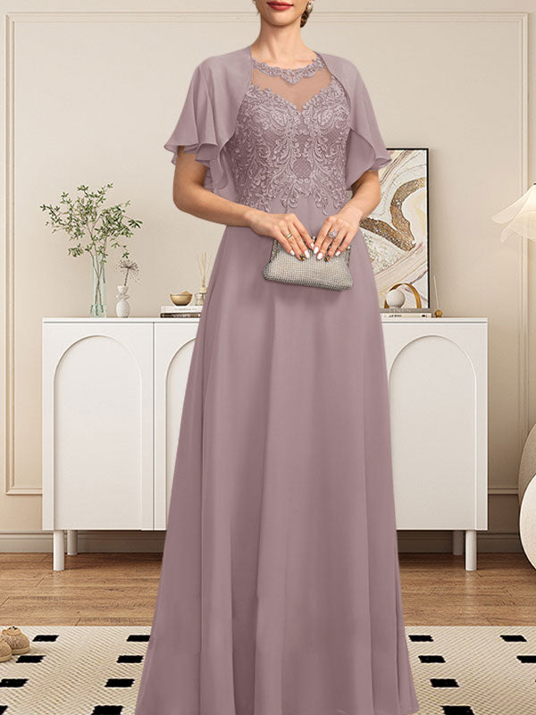 Robe de mère de la mariée en mousseline de dentelle, coupe trapèze, décolleté illusion, longueur au sol, ornée de sequins