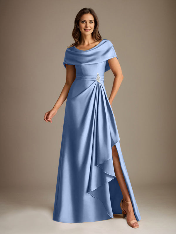 Vestido de novia de satén elástico, corte línea A, escote redondo, largo hasta el suelo, con volantes en cascada. 