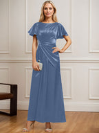 Robe de mère de la mariée en satin stretch, coupe trapèze, longueur cheville, décolleté rond et ornée de perles plissées 