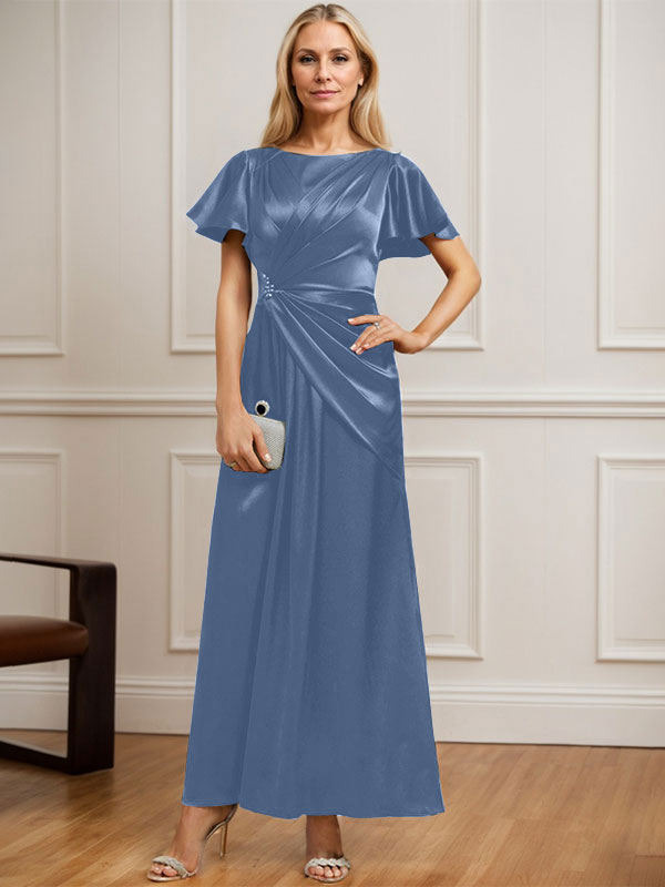 Vestido de novia corte A, escote redondo, largo hasta el tobillo, de satén elástico con plisados ​​y cuentas. 