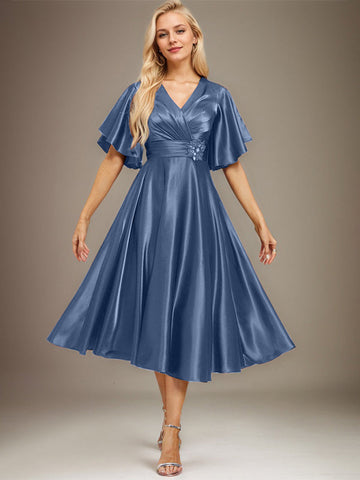 A-line V-Neck Tea-Length Stretch Satin Mother of the Bride Dress With Beading Pleated