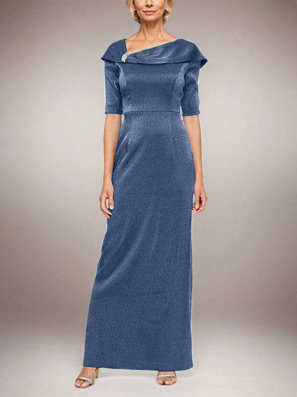 Vestido largo columna brillante con puño doblado, escote en L y mangas al codo