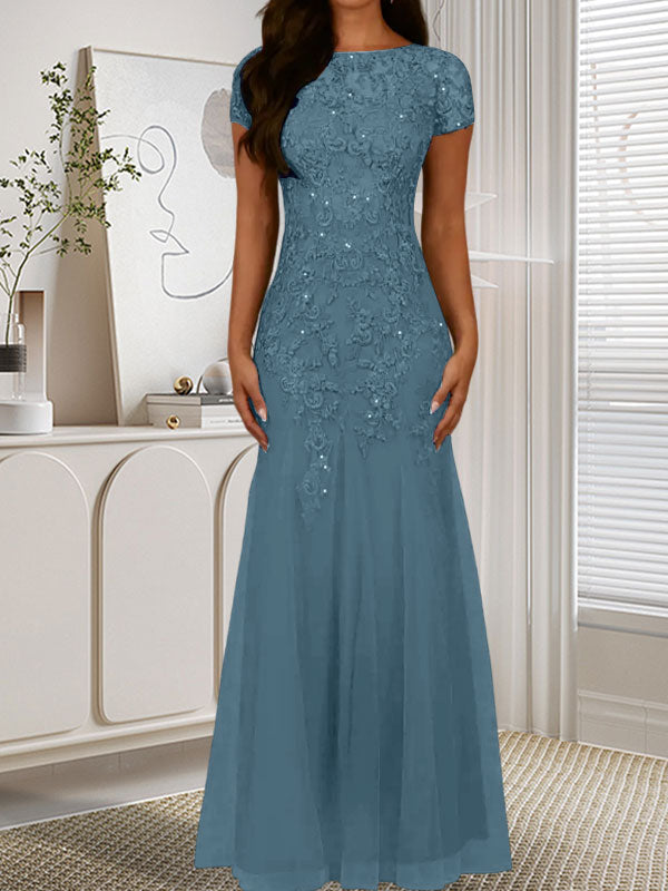 Robe sirène bleu marine foncé à sequins et tulle, décolleté rond, robe en tulle bleu marine foncé