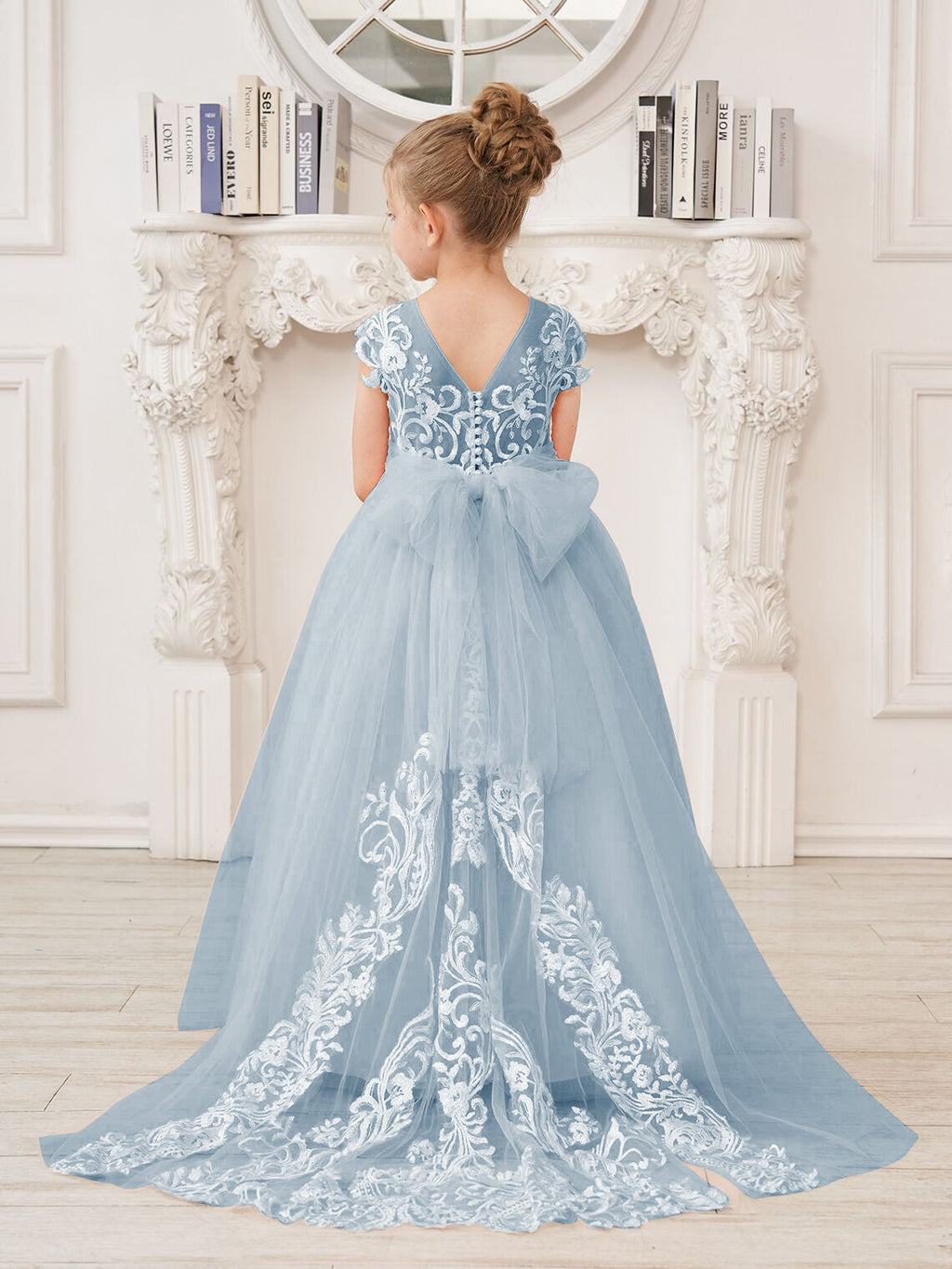 Vestido rosa de niña de las flores, corte en A, encaje, tul y cola corta 