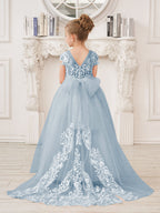 Vestido rosa de niña de las flores, corte en A, encaje, tul y cola corta 