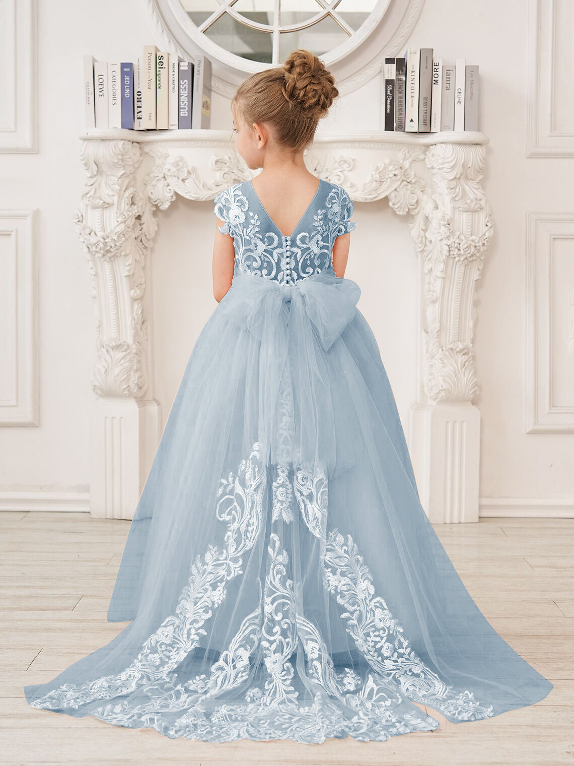 Vestido rosa de niña de las flores, corte en A, encaje, tul y cola corta 