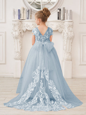 Vestido rosa de niña de las flores, corte en A, encaje, tul y cola corta 