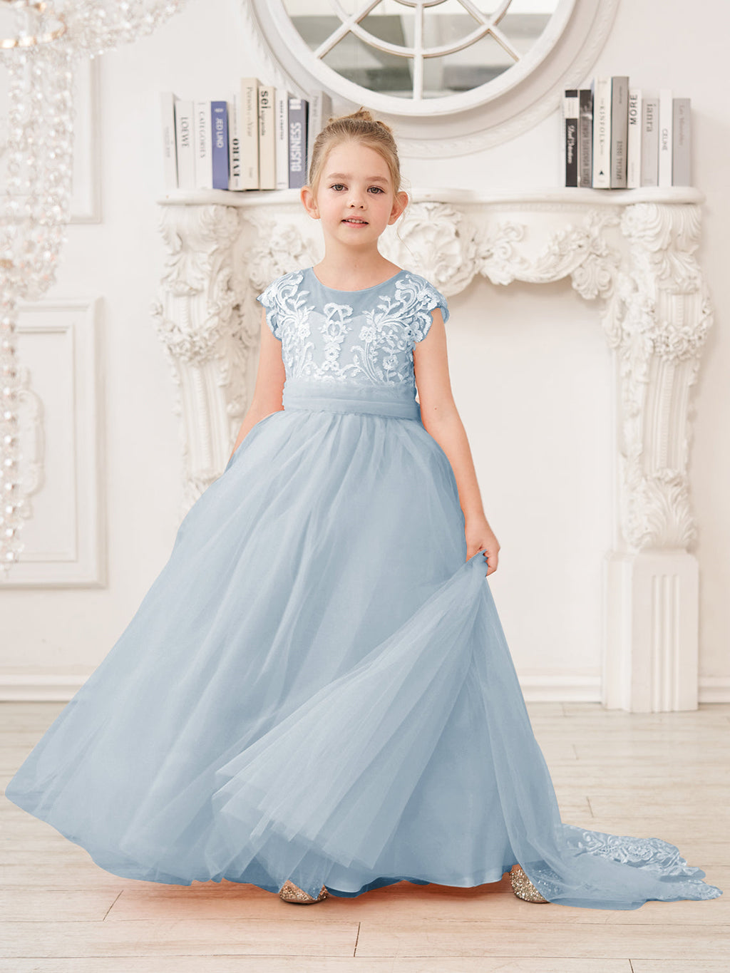 Vestido rosa de niña de las flores, corte en A, encaje, tul y cola corta 