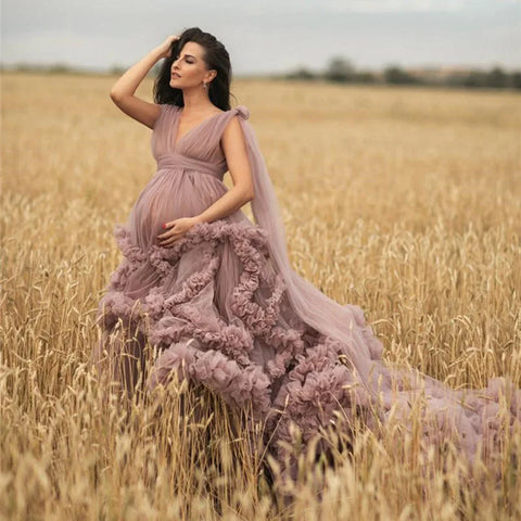Bata premamá rosa empolvado para sesión de fotos o baby shower. Vestido elegante de tul con volantes para mujer. Bata de noche para fotografía.