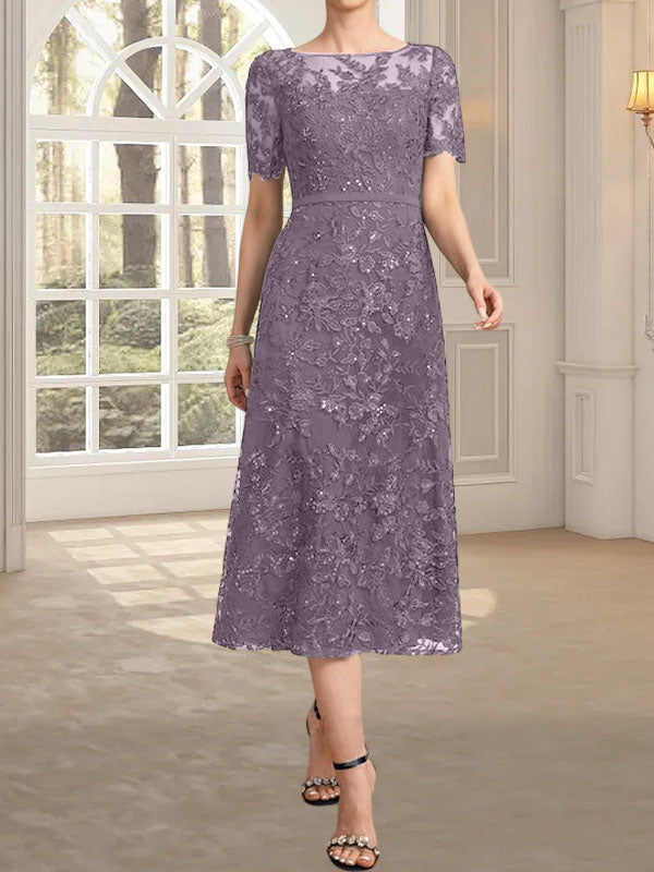 Robe de mère de la mariée en dentelle à sequins, coupe trapèze, décolleté illusion, longueur thé