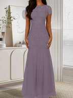 Robe sirène bleu marine foncé à sequins et tulle, décolleté rond, robe en tulle bleu marine foncé