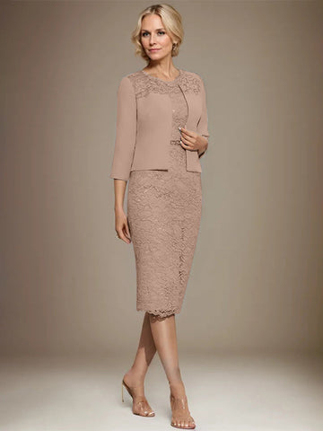 Robe fourreau/colonne en mousseline de soie et dentelle, longueur genou, ornée de perles, pour la mère de la mariée 