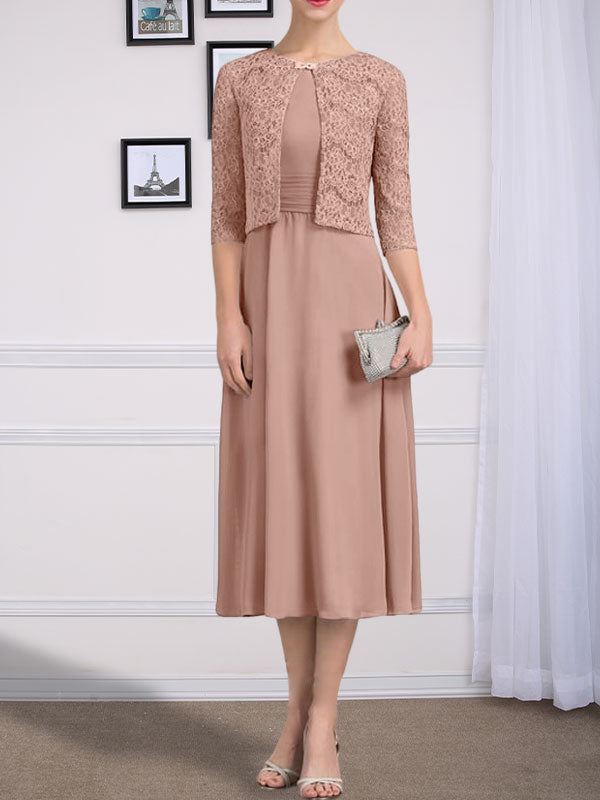 Vestido de chifón de corte línea A, largo té, para la madre de la novia, con escote redondo y pliegues.