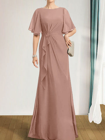 A-line Scoop Floor-Length Chiffon Mother of the Bride Dress With Cascading Ruffles Beading Sequins