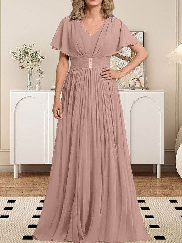 Vestido de gasa de corte A, escote en V, largo hasta el suelo, para la madre de la novia, con broche de cristal y pliegues. 