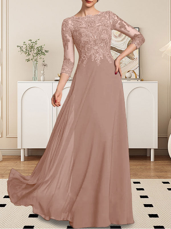 Vestido de novia de corte línea A, escote redondo, largo hasta el suelo, de encaje y gasa con lentejuelas.