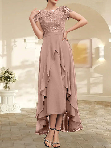 A-line Scoop Illusion Asymmetrical Chiffon Lace Mother of the Bride Dress With Bow Ruffle Sequins