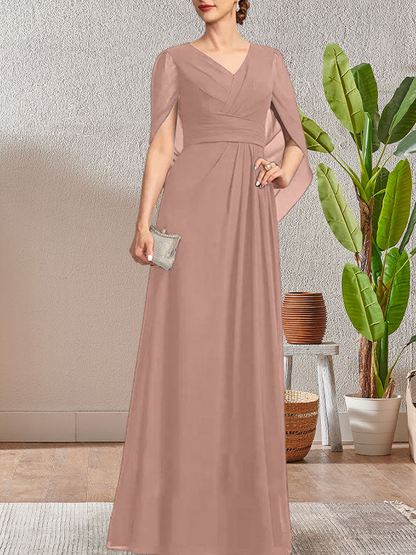 Vestido largo azul marino oscuro de corte A con escote en V para la madre de la novia