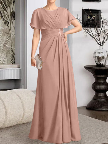 A-line Scoop Floor-Length Chiffon Mother of the Bride Dress With Pleated Beading