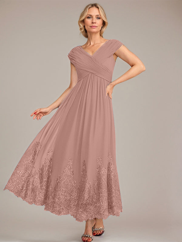 Vestido de gasa de corte evasé, escote en V, largo hasta el tobillo, para la madre de la novia, con apliques de lentejuelas. 