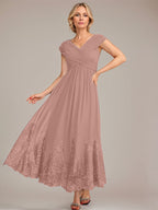Vestido de gasa de corte evasé, escote en V, largo hasta el tobillo, para la madre de la novia, con apliques de lentejuelas. 