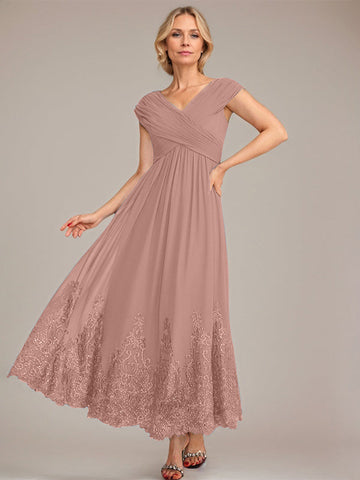 A-line V-Neck Ankle-Length Chiffon Mother of the Bride Dress With Applique Sequins