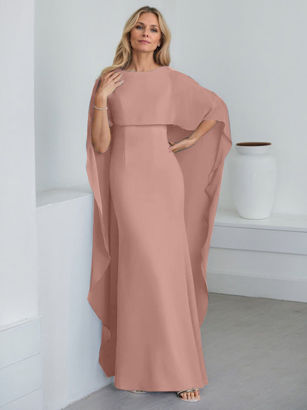 Robe fourreau longue en mousseline de soie pour la mère de la mariée, ornée de volants cascade, avec décolleté arrondi. 