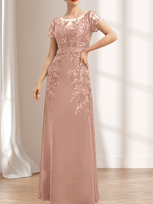 Vestido de novia de corte recto/columna, escote redondo, ilusión, largo hasta el suelo, de encaje y gasa con lentejuelas.