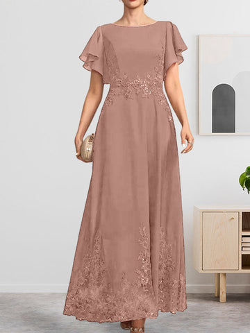 A-line Scoop Ankle-Length Lace Chiffon Mother of the Bride Dress With Sequins