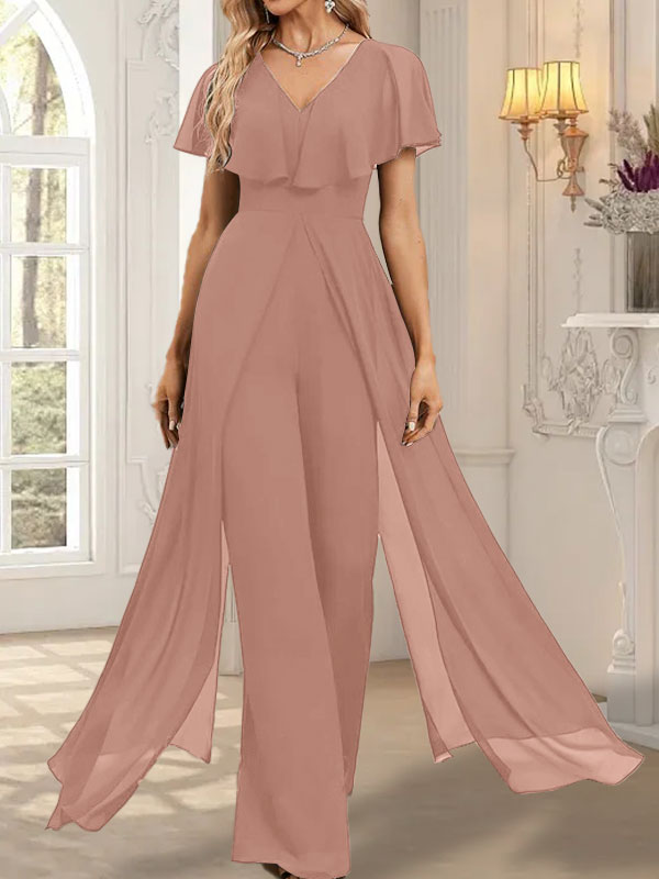 Combinaison-pantalon robe de soirée longue en mousseline à col en V