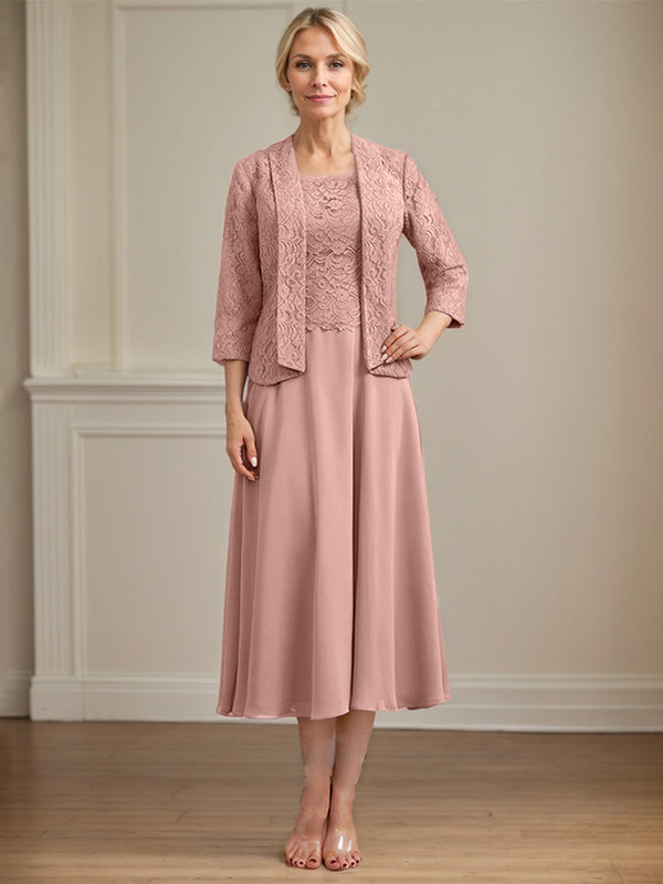 Vestido de corte A con escote redondo y largo hasta la rodilla en gasa de encaje para la madre de la novia 