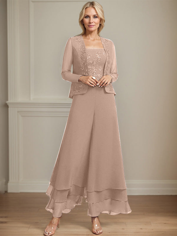 Conjunto de pantalón y chaqueta de dos piezas, corte cuadrado, largo hasta el tobillo, encaje, gasa, vestido de madre de la novia con lentejuelas 