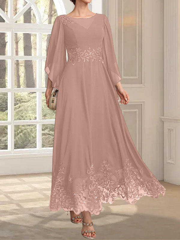 Robe de mère de la mariée en mousseline de dentelle, coupe trapèze, décolleté illusion, longueur cheville, ornée de sequins 