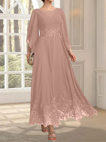 A-line Scoop Illusion Ankle-Length Lace Chiffon Mother of the Bride Dress With Sequins