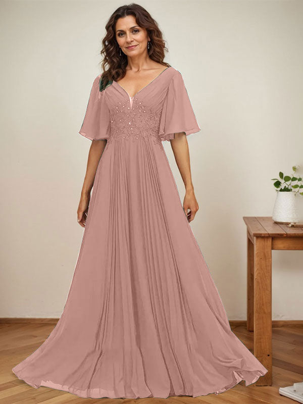 Vestido de corte A, escote en V, largo hasta el suelo, de gasa, para la madre de la novia, con apliques de lentejuelas y encaje plisado. 