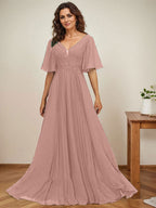Vestido de corte A, escote en V, largo hasta el suelo, de gasa, para la madre de la novia, con apliques de lentejuelas y encaje plisado. 