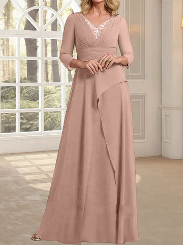 A-line V-Neck Floor-Length Chiffon Mother of the Bride Dress With Pleated Beading