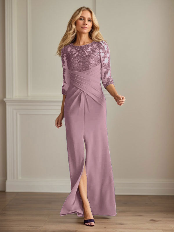 Vestido de madrina de la novia color ciruela, de encaje elástico y corte sirena. 