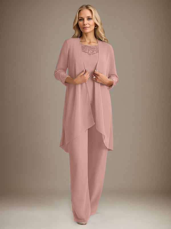 Traje pantalón de gasa con escote redondo y mangas largas para la madre de la novia, con chaqueta. 