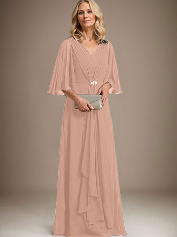 A-line V-Neck Floor-Length Chiffon Mother of the Bride Dress With Cascading Ruffles Crystal Brooch