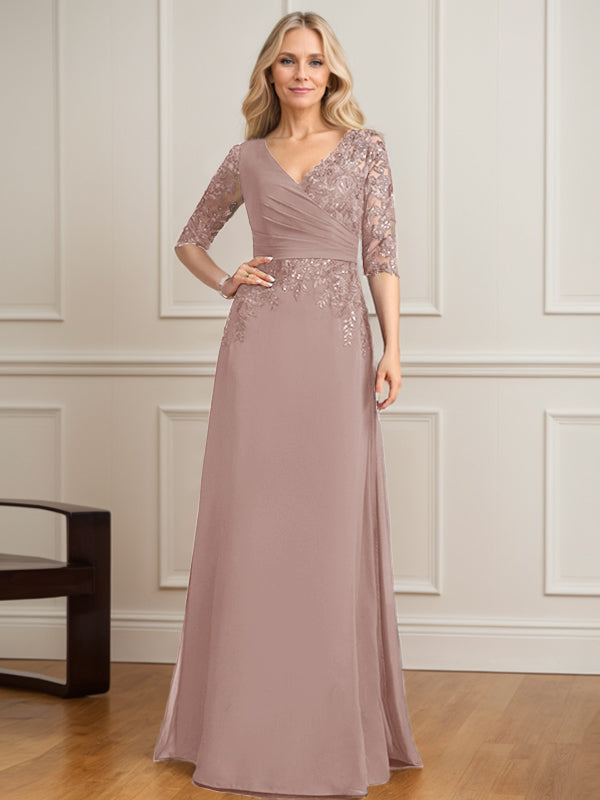 Robe de mère de la mariée en mousseline de dentelle, coupe trapèze, col en V, longueur au sol, ornée de sequins plissés 