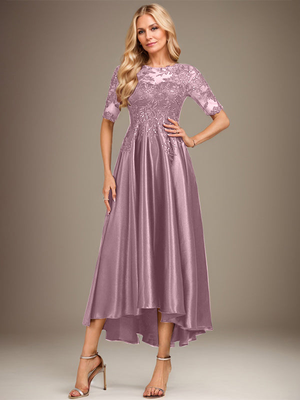 Robe de mère de la mariée asymétrique en satin stretch dentelle et dentelle, coupe trapèze, effet illusion, ornée de sequins 