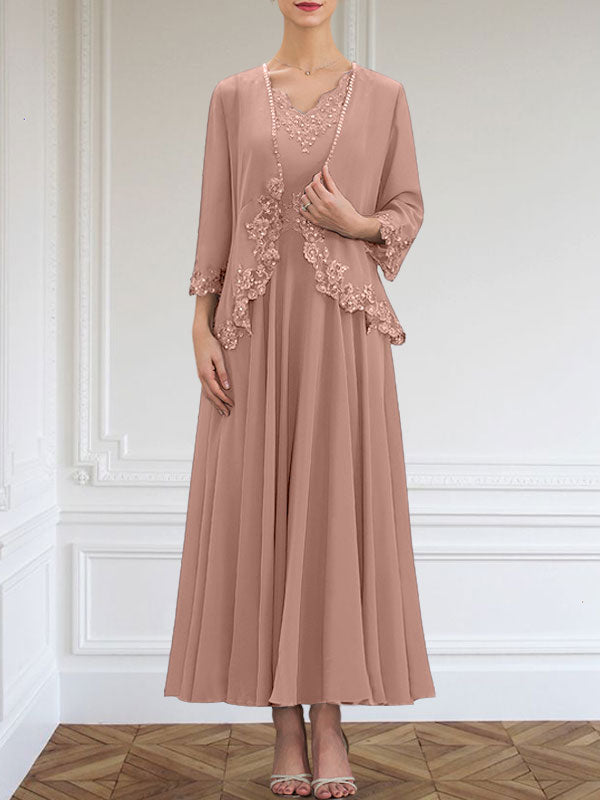 Vestido de corte A, escote en V, largo hasta el tobillo, de gasa, para la madre de la novia, con apliques de lentejuelas, encaje y pedrería.