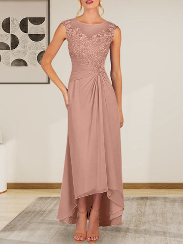Champagne A-Line Scoop Lace Chiffon Dress