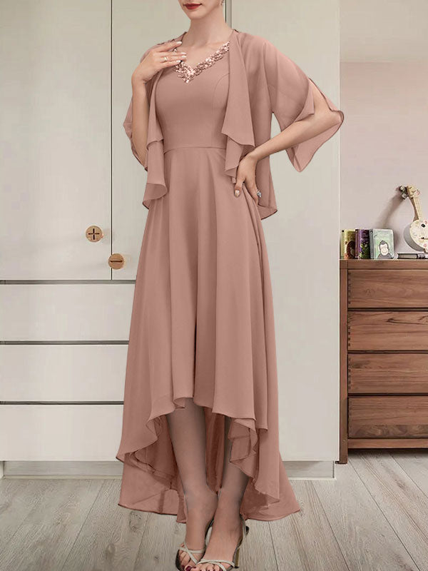 Vestido de corte A, escote en V, asimétrico, de gasa, para la madre de la novia, con lentejuelas y pedrería.