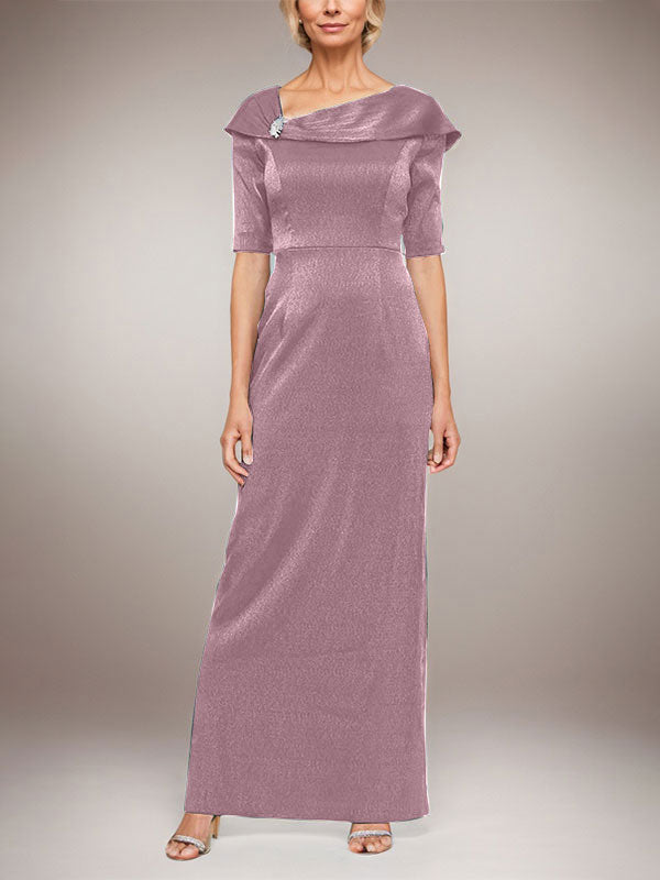 Vestido largo columna brillante con puño doblado, escote en L y mangas al codo