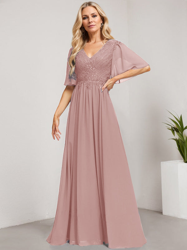 Vestido de novia de corte A, escote en V, largo hasta el suelo, de gasa de encaje con lentejuelas para la madre de la novia 