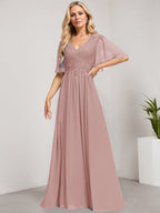 Vestido de novia de corte A, escote en V, largo hasta el suelo, de gasa de encaje con lentejuelas para la madre de la novia 