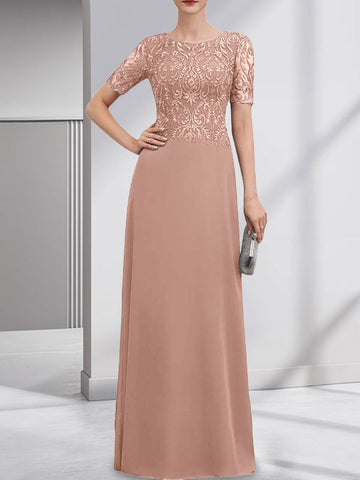 A-line Scoop Floor-Length Lace Chiffon Mother of the Bride Dress With Sequins