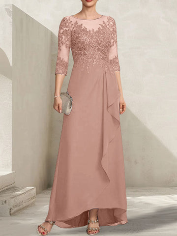 A-line Scoop Illusion Asymmetrical Lace Chiffon Mother of the Bride Dress With Sequins Cascading Ruffles